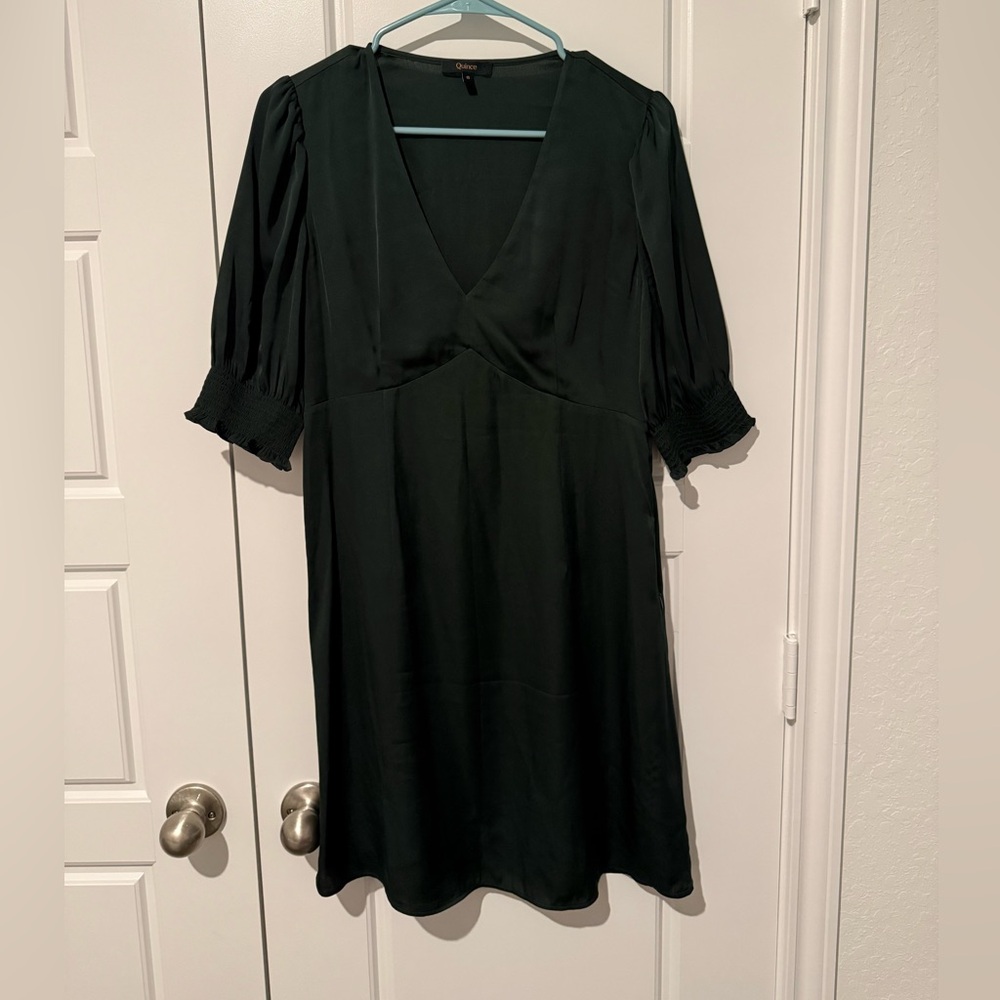 Quince Green Silk V-Neck Mini Dress with Smocked Cuffs